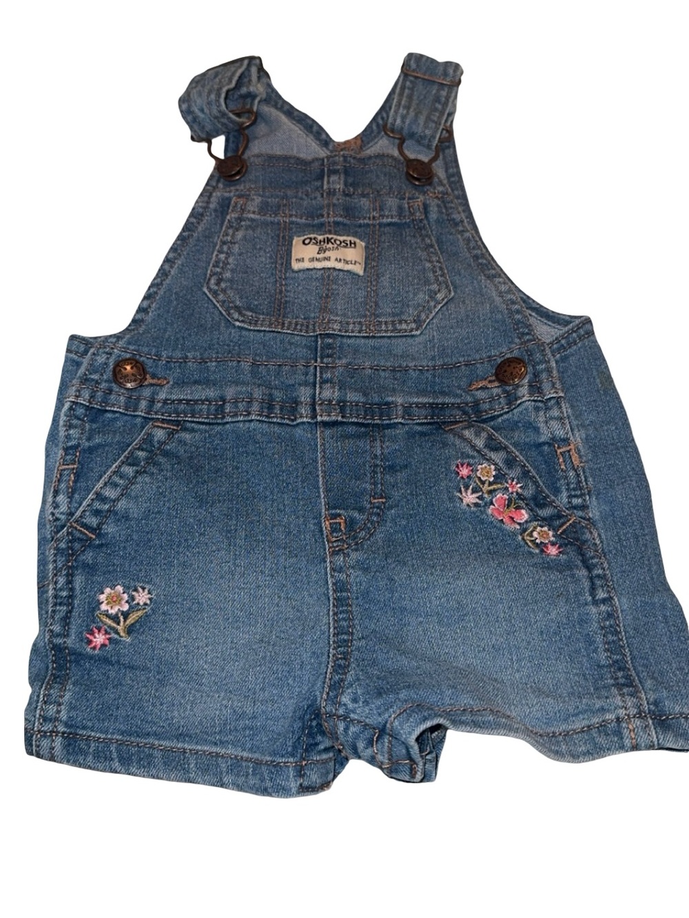 OshKosh B'gosh Blue Denim Short Overalls with Pink Floral Embroidery